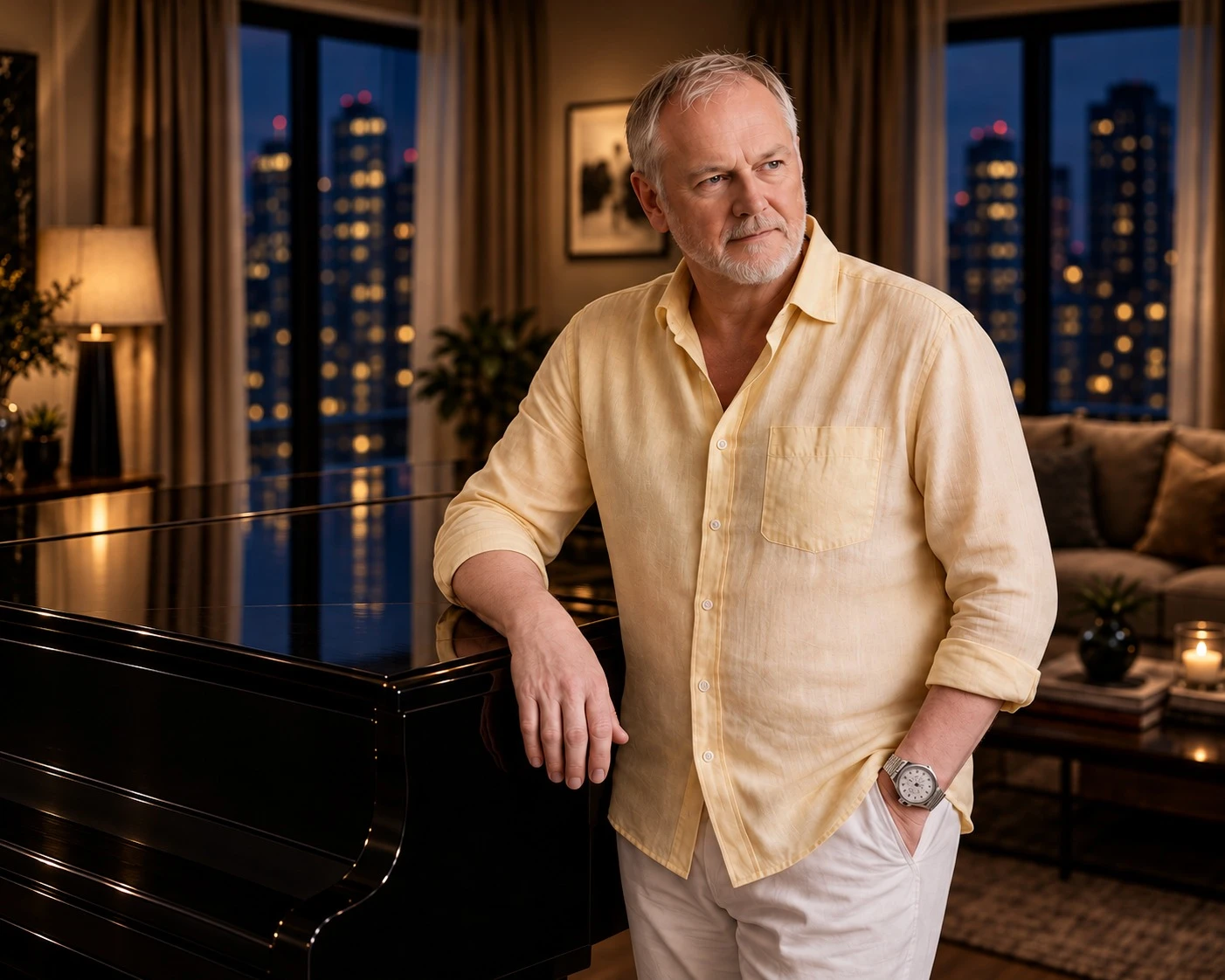 Peter Pickering beside a grand piano